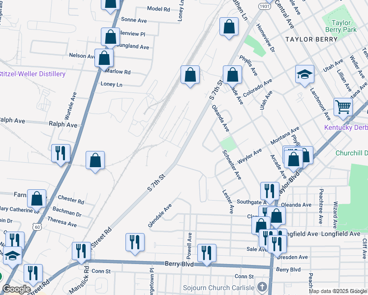 map of restaurants, bars, coffee shops, grocery stores, and more near 7th Street Road in Louisville