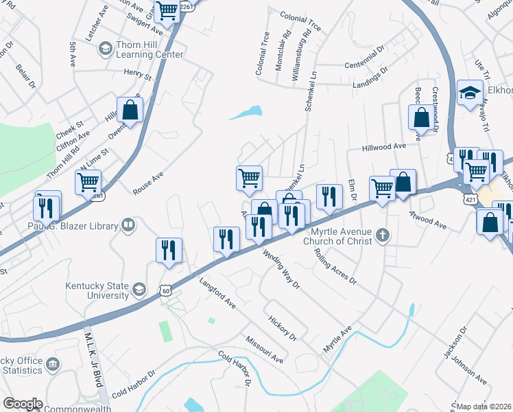 map of restaurants, bars, coffee shops, grocery stores, and more near 144 Allnutt Drive in Frankfort