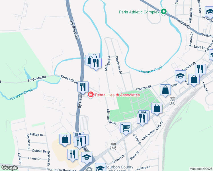 map of restaurants, bars, coffee shops, grocery stores, and more near 294 Springhill Drive in Paris