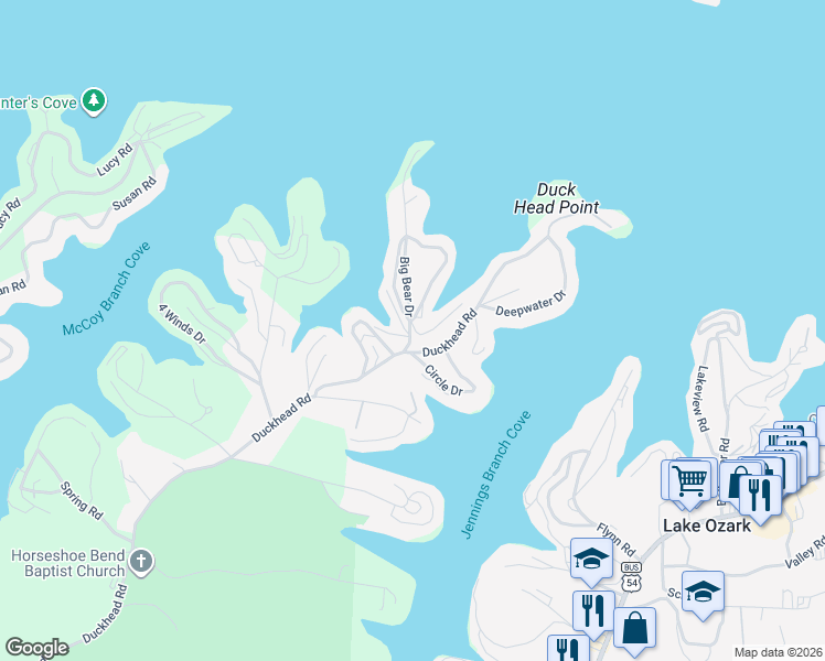 map of restaurants, bars, coffee shops, grocery stores, and more near 105 Grizzly Lane in Lake Ozark
