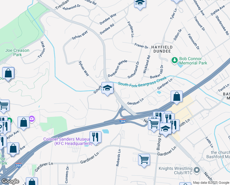 map of restaurants, bars, coffee shops, grocery stores, and more near 3104 Thousand Oaks Drive in Louisville