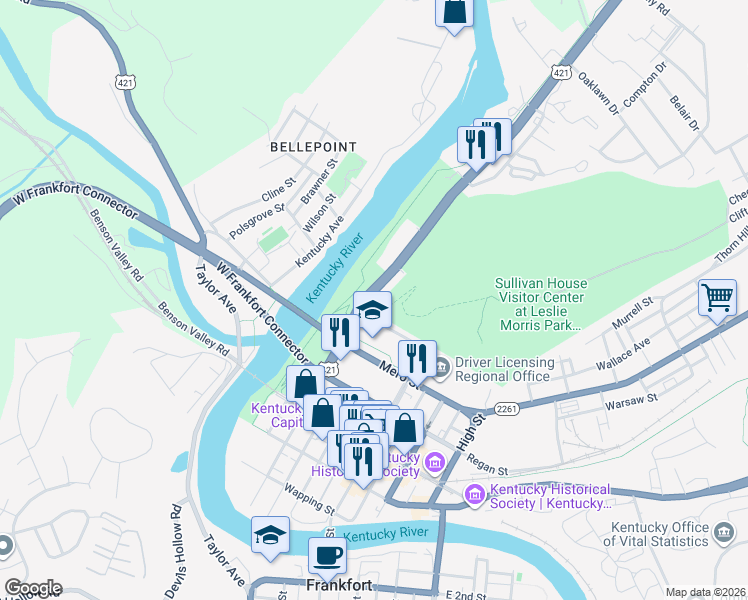 map of restaurants, bars, coffee shops, grocery stores, and more near 740 Wilkinson Boulevard in Frankfort