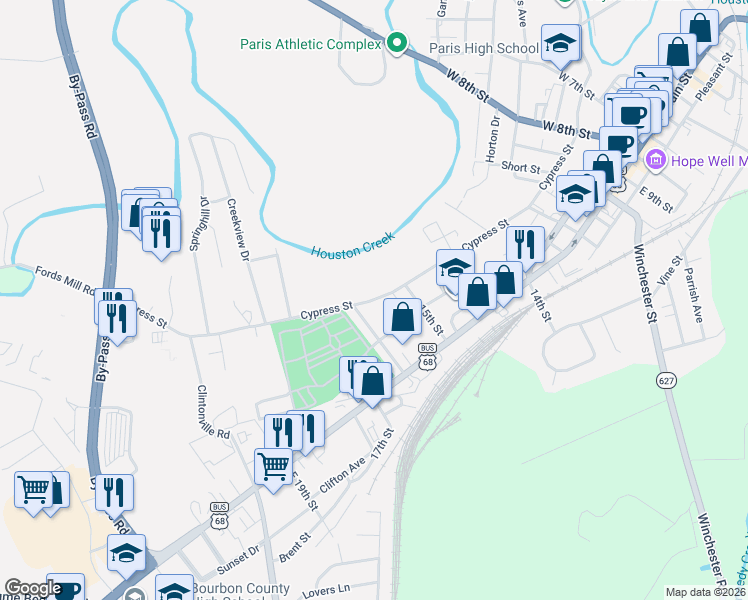 map of restaurants, bars, coffee shops, grocery stores, and more near Cypress Street in Paris