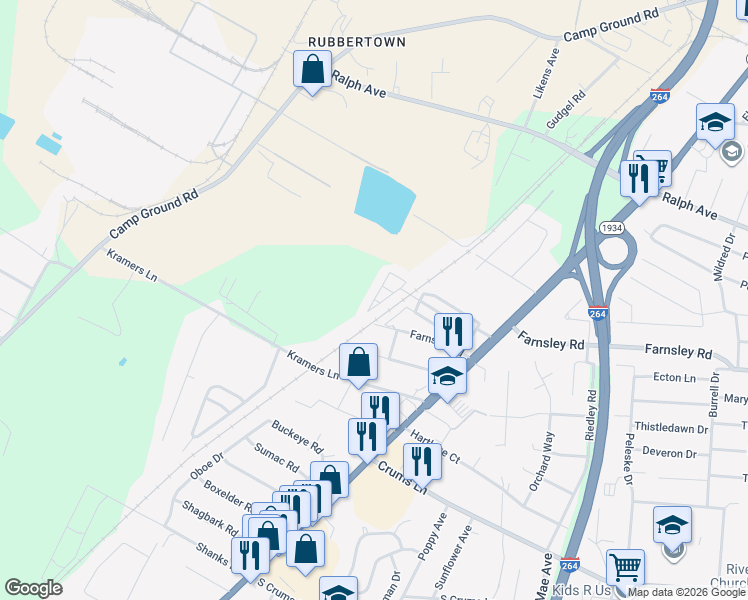 map of restaurants, bars, coffee shops, grocery stores, and more near 18 Trails End Road in Louisville
