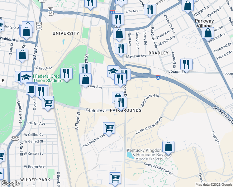 map of restaurants, bars, coffee shops, grocery stores, and more near 2703 New High Street in Louisville