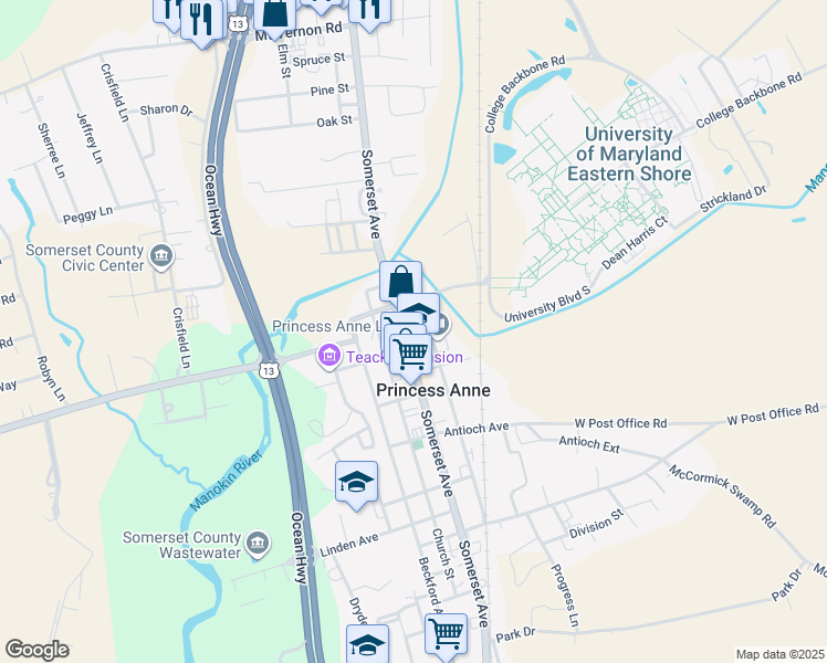 map of restaurants, bars, coffee shops, grocery stores, and more near 11796 Beechwood Street in Princess Anne