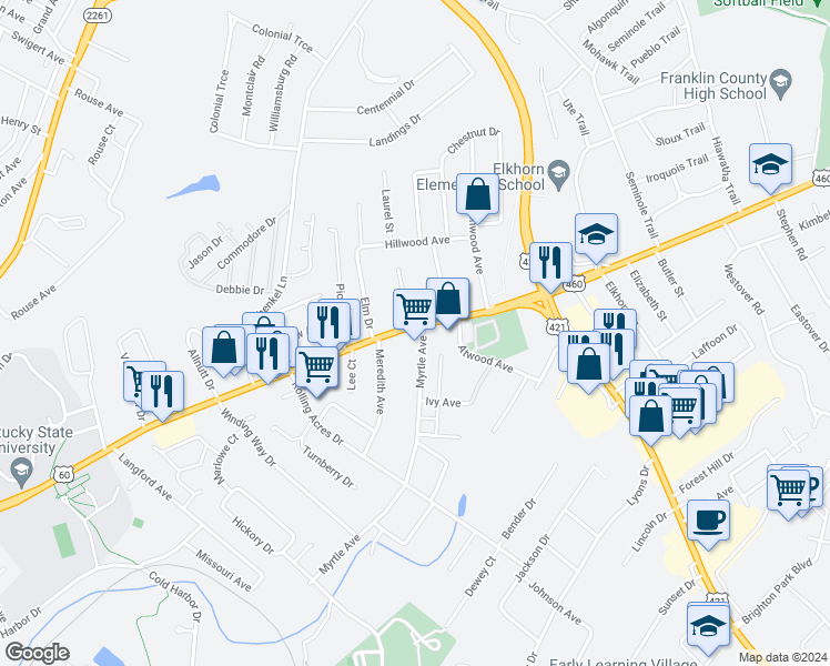 map of restaurants, bars, coffee shops, grocery stores, and more near 818 East Main Street in Frankfort