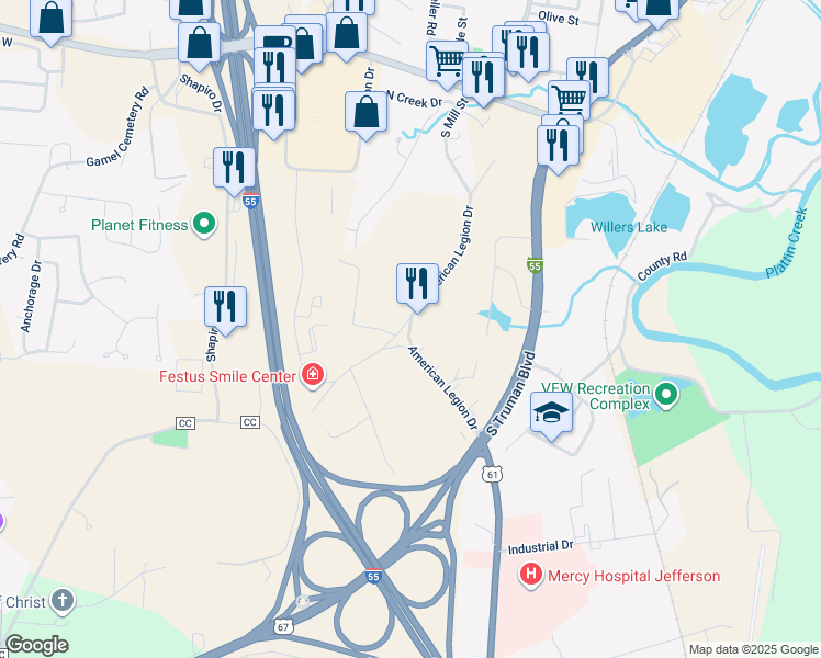 map of restaurants, bars, coffee shops, grocery stores, and more near 853 American Legion Drive in Festus