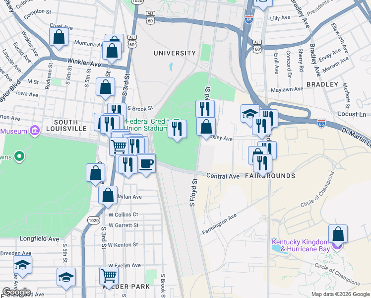 map of restaurants, bars, coffee shops, grocery stores, and more near 2800-2850 South Floyd Street in Louisville