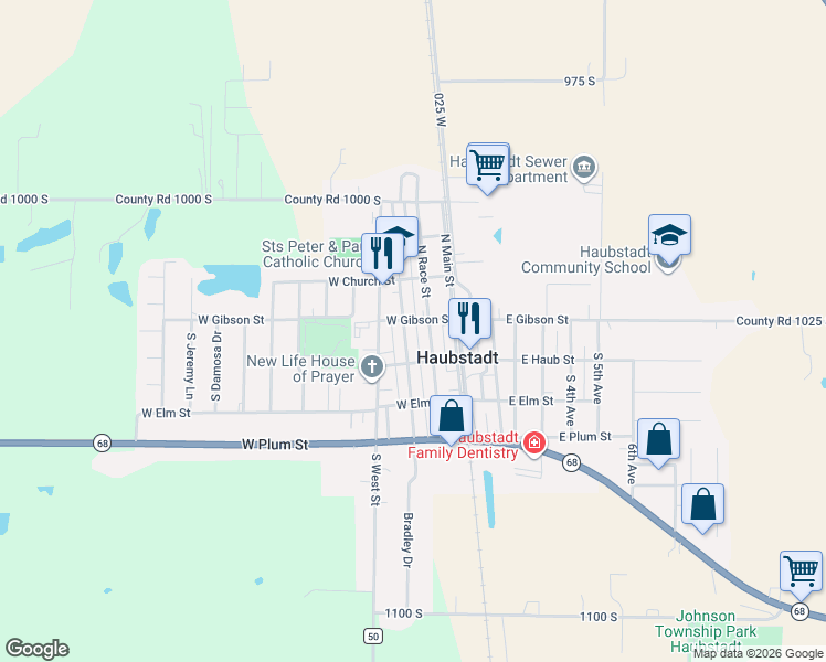 map of restaurants, bars, coffee shops, grocery stores, and more near 250-298 West Gibson Street in Haubstadt