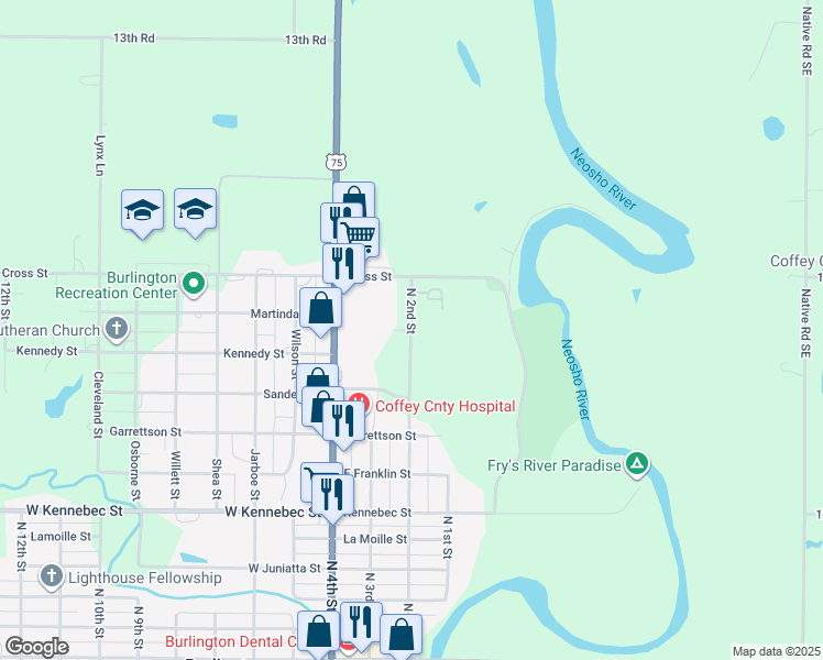 map of restaurants, bars, coffee shops, grocery stores, and more near 909 North 2nd Street in Burlington