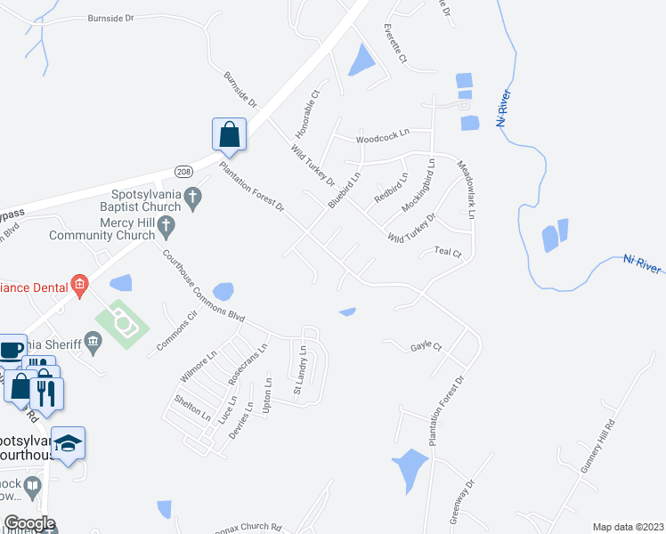map of restaurants, bars, coffee shops, grocery stores, and more near 6902 Plantation Forest Drive in Spotsylvania