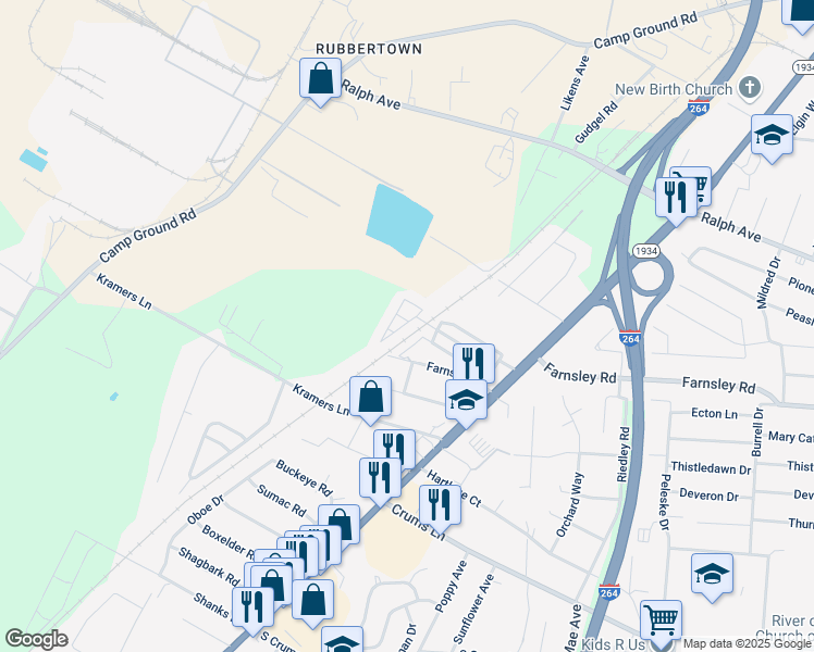 map of restaurants, bars, coffee shops, grocery stores, and more near 6 Marksman Trail in Louisville