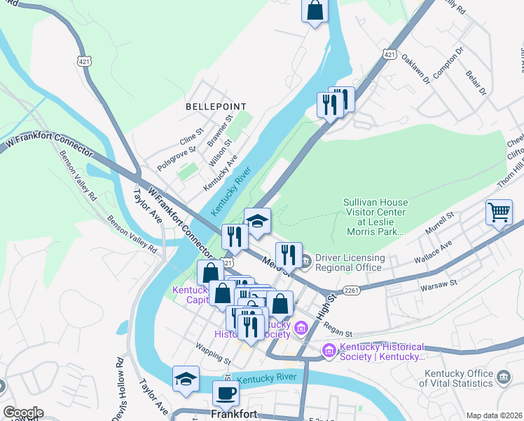 map of restaurants, bars, coffee shops, grocery stores, and more near 740 Wilkinson Boulevard in Frankfort