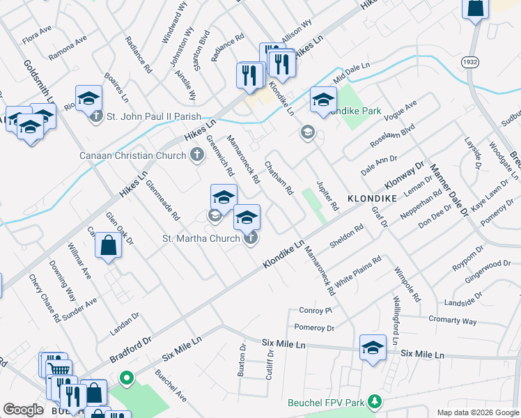 map of restaurants, bars, coffee shops, grocery stores, and more near 2803 Tyson Place in Louisville