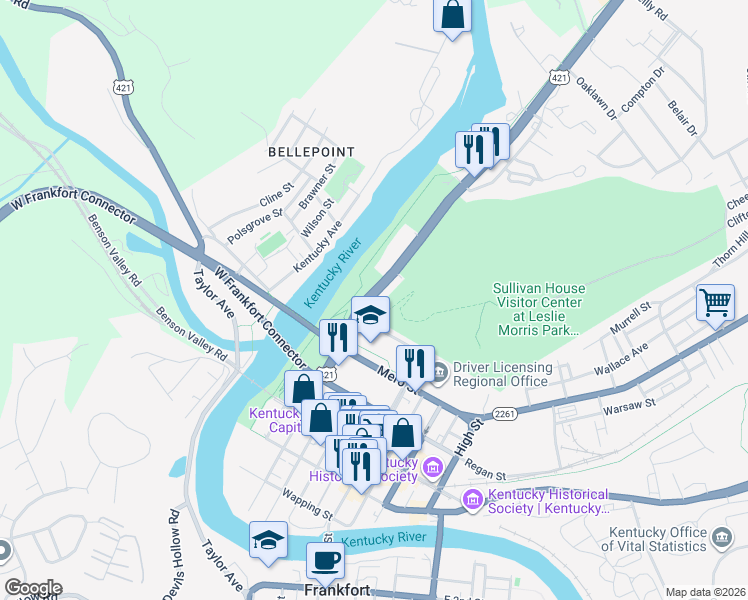map of restaurants, bars, coffee shops, grocery stores, and more near 740 Wilkinson Boulevard in Frankfort