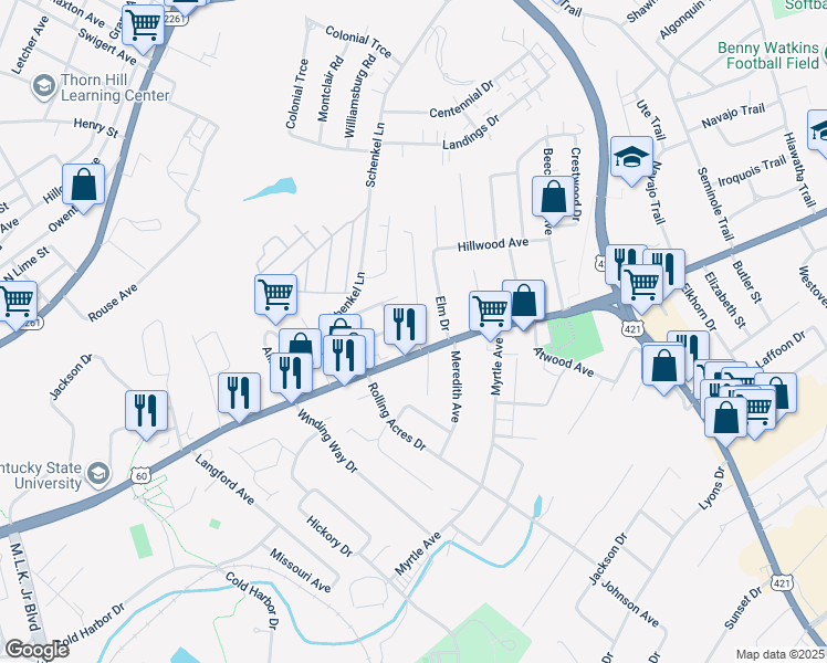 map of restaurants, bars, coffee shops, grocery stores, and more near 106 Pickett Avenue in Frankfort