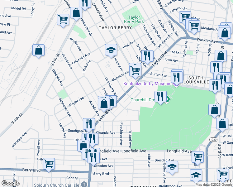 map of restaurants, bars, coffee shops, grocery stores, and more near 1315 Thornberry Avenue in Louisville