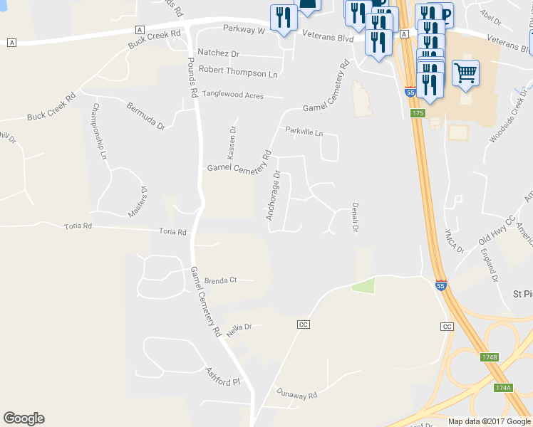 map of restaurants, bars, coffee shops, grocery stores, and more near 1947 Anchorage Drive in Festus