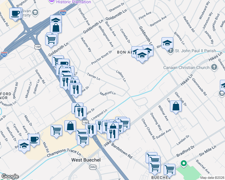 map of restaurants, bars, coffee shops, grocery stores, and more near 3532 Terrier Lane in Louisville