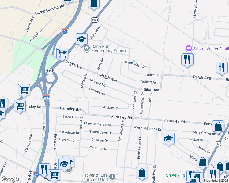 map of restaurants, bars, coffee shops, grocery stores, and more near 2706 Pioneer Road in Louisville