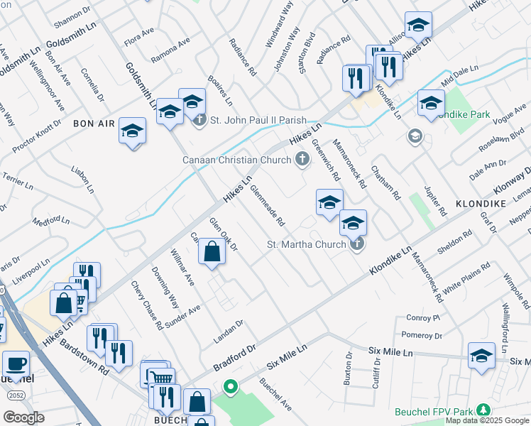 map of restaurants, bars, coffee shops, grocery stores, and more near 3716 Glenmeade Road in Louisville