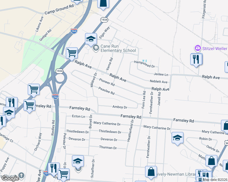 map of restaurants, bars, coffee shops, grocery stores, and more near 2231 Peaslee Road in Louisville