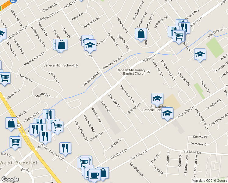map of restaurants, bars, coffee shops, grocery stores, and more near 2720 Hikes Lane in Louisville