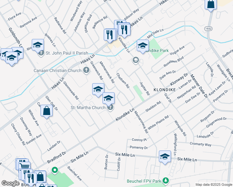 map of restaurants, bars, coffee shops, grocery stores, and more near 2803 Tyson Place in Louisville