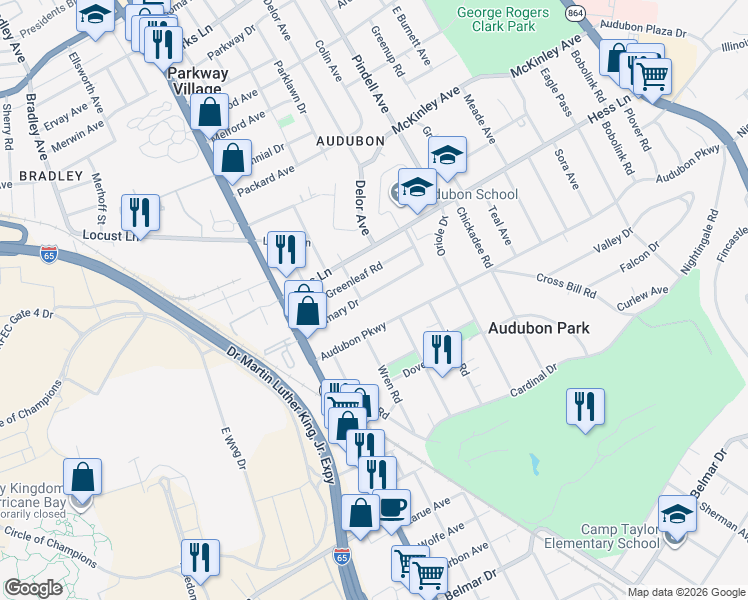 map of restaurants, bars, coffee shops, grocery stores, and more near 1002 Rosemary Drive in Louisville