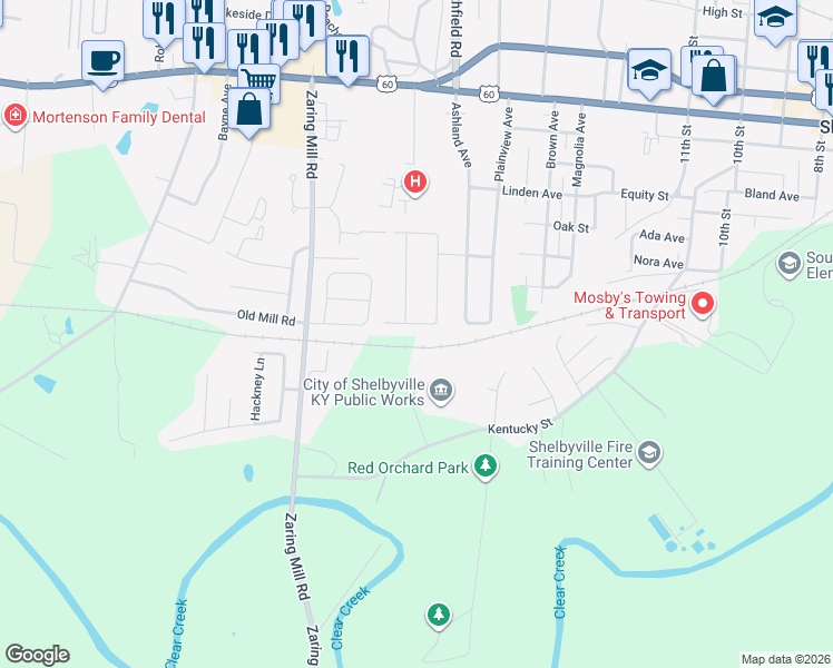 map of restaurants, bars, coffee shops, grocery stores, and more near 1508 Bailey Avenue in Shelbyville