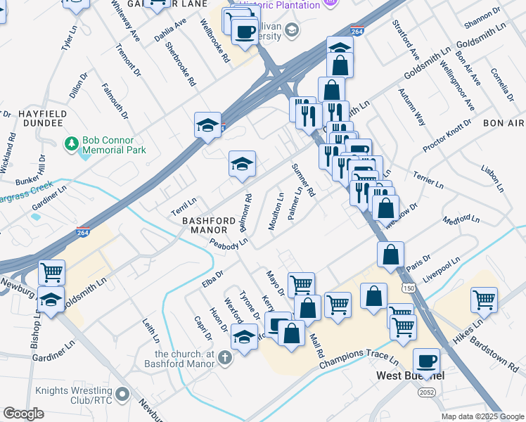 map of restaurants, bars, coffee shops, grocery stores, and more near 2115 Peabody Lane in Louisville
