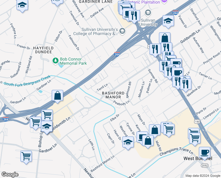map of restaurants, bars, coffee shops, grocery stores, and more near in Louisville