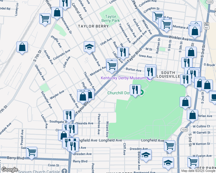 map of restaurants, bars, coffee shops, grocery stores, and more near 3141 U.S. 60 Alternate in Louisville
