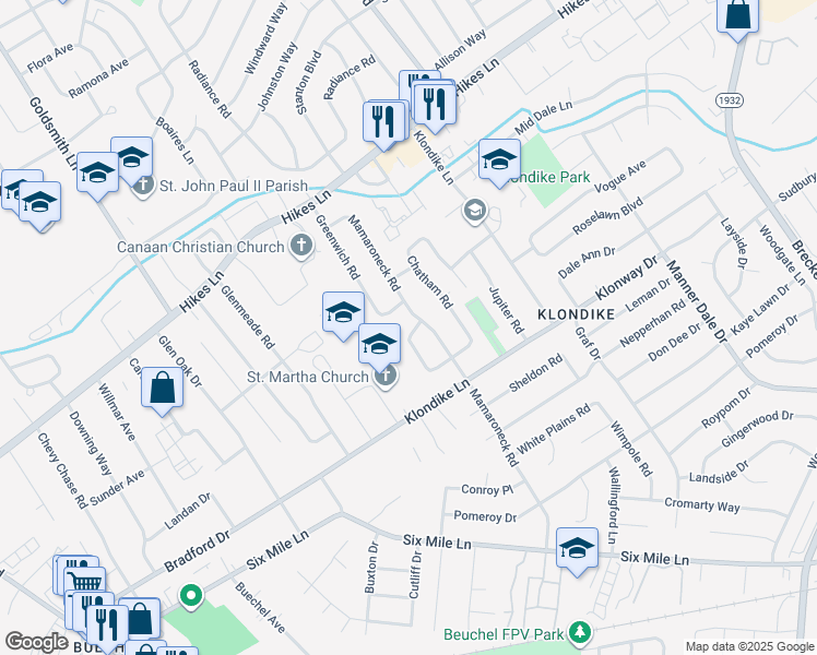 map of restaurants, bars, coffee shops, grocery stores, and more near 2803 Tyson Place in Louisville