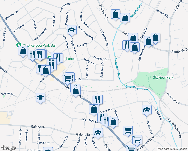 map of restaurants, bars, coffee shops, grocery stores, and more near 2716 Durbing Avenue in Jeffersontown