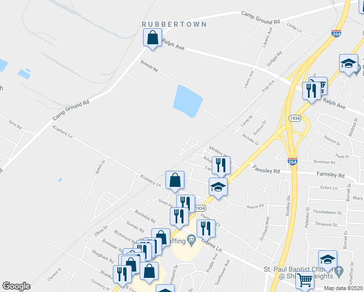 map of restaurants, bars, coffee shops, grocery stores, and more near 18 Trails End Road in Louisville