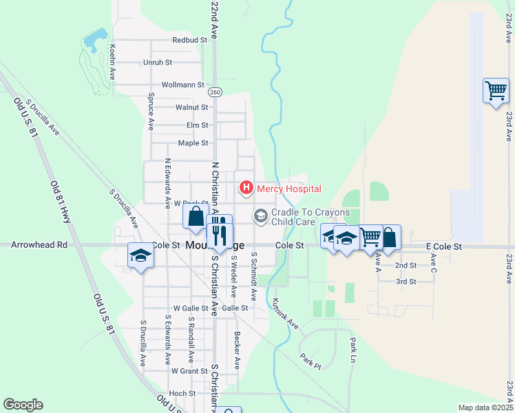 map of restaurants, bars, coffee shops, grocery stores, and more near 208 Black Kettle Avenue in Moundridge