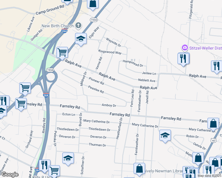 map of restaurants, bars, coffee shops, grocery stores, and more near 2706 Pioneer Road in Louisville