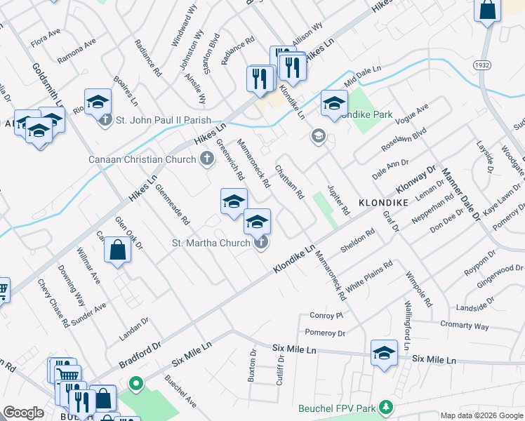 map of restaurants, bars, coffee shops, grocery stores, and more near 2803 Tyson Place in Louisville