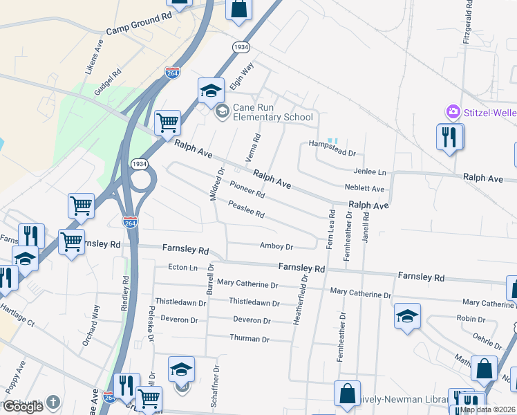 map of restaurants, bars, coffee shops, grocery stores, and more near 2231 Peaslee Road in Louisville