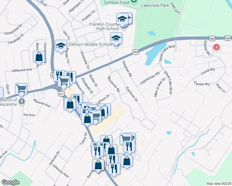 map of restaurants, bars, coffee shops, grocery stores, and more near 144 Westover Road in Frankfort