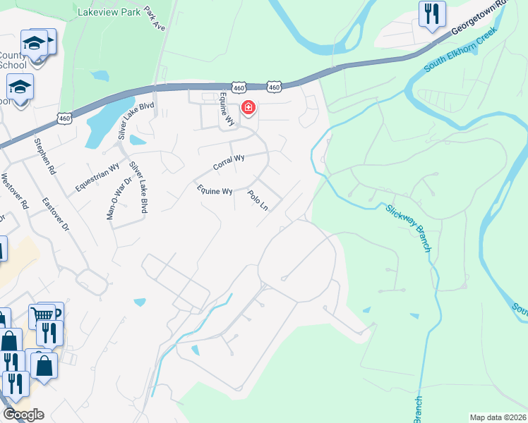 map of restaurants, bars, coffee shops, grocery stores, and more near 124 Secretariat Way in Frankfort