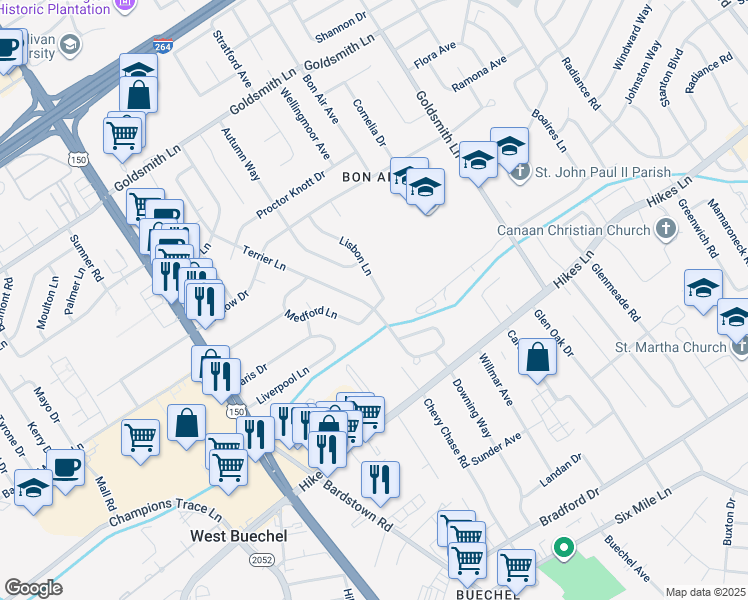 map of restaurants, bars, coffee shops, grocery stores, and more near 3552 Lisbon Lane in Louisville