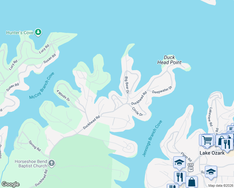 map of restaurants, bars, coffee shops, grocery stores, and more near 133 Polar Bear Circle in Lake Ozark