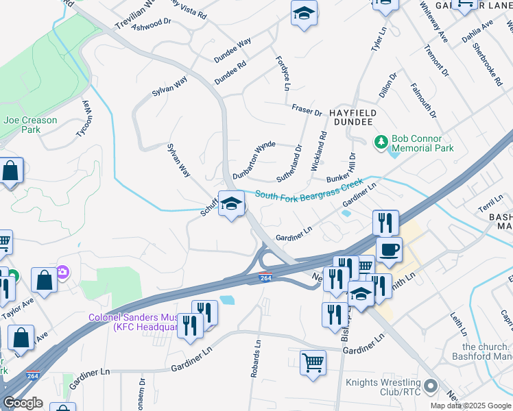 map of restaurants, bars, coffee shops, grocery stores, and more near 3104 Thousand Oaks Drive in Louisville