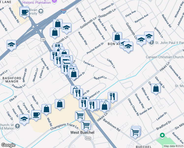 map of restaurants, bars, coffee shops, grocery stores, and more near 3504 Dilkon Court in Louisville