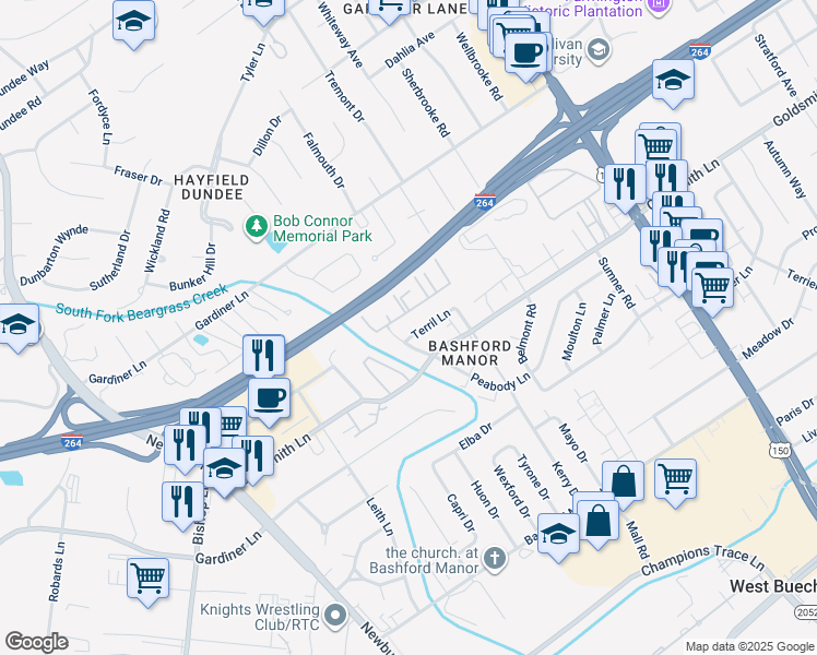map of restaurants, bars, coffee shops, grocery stores, and more near 2001 Terril Lane in Louisville