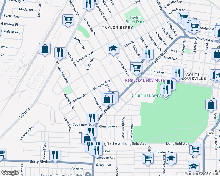 map of restaurants, bars, coffee shops, grocery stores, and more near 1329 Phyllis Avenue in Louisville