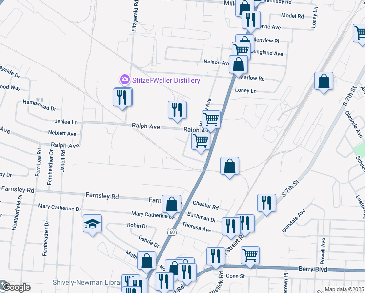 map of restaurants, bars, coffee shops, grocery stores, and more near 1900 Ramser Court in Louisville